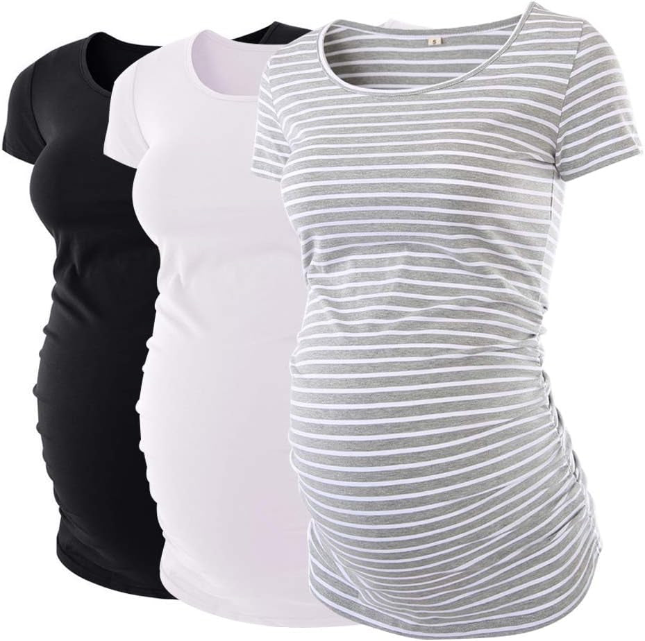 Liu & Qu Womens Maternity Tops Short Sleeve round Neck Pregnancy Shirts 3 Packs