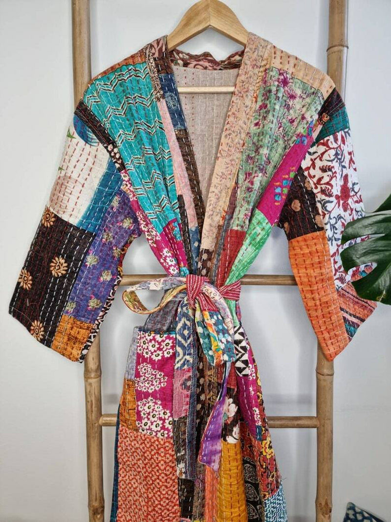Silk Patchwork Handmade Kantha Jacket Japanese Kimono Style Kantha Robe Winter