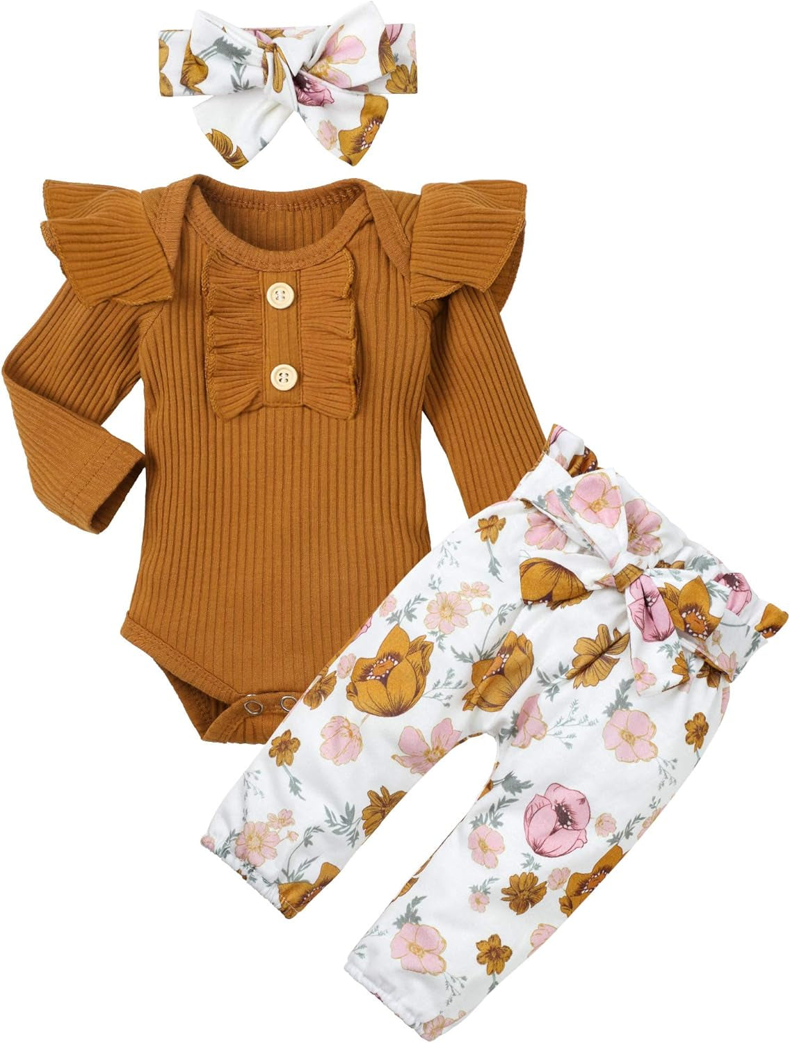 KANGKANG Newborn Baby Girl Clothes Ribbed Ruffle Sleeve Romper + Floral Pants + Headband Cute Infant Baby Girl Outfit 3Pcs