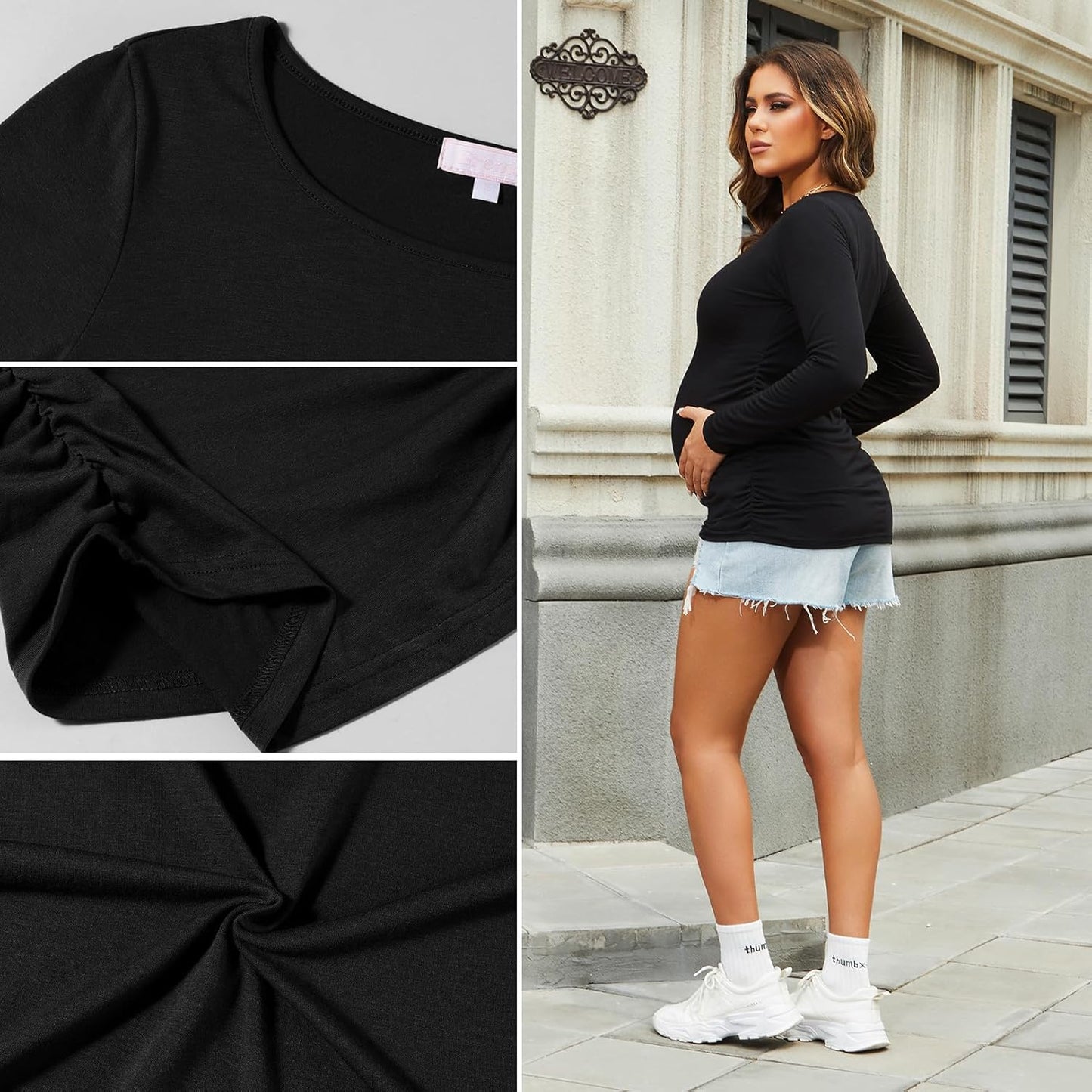 Maternity Shirt Long Sleeve Basic Top Ruch Sides Bodycon Tshirt for Pregnant Women
