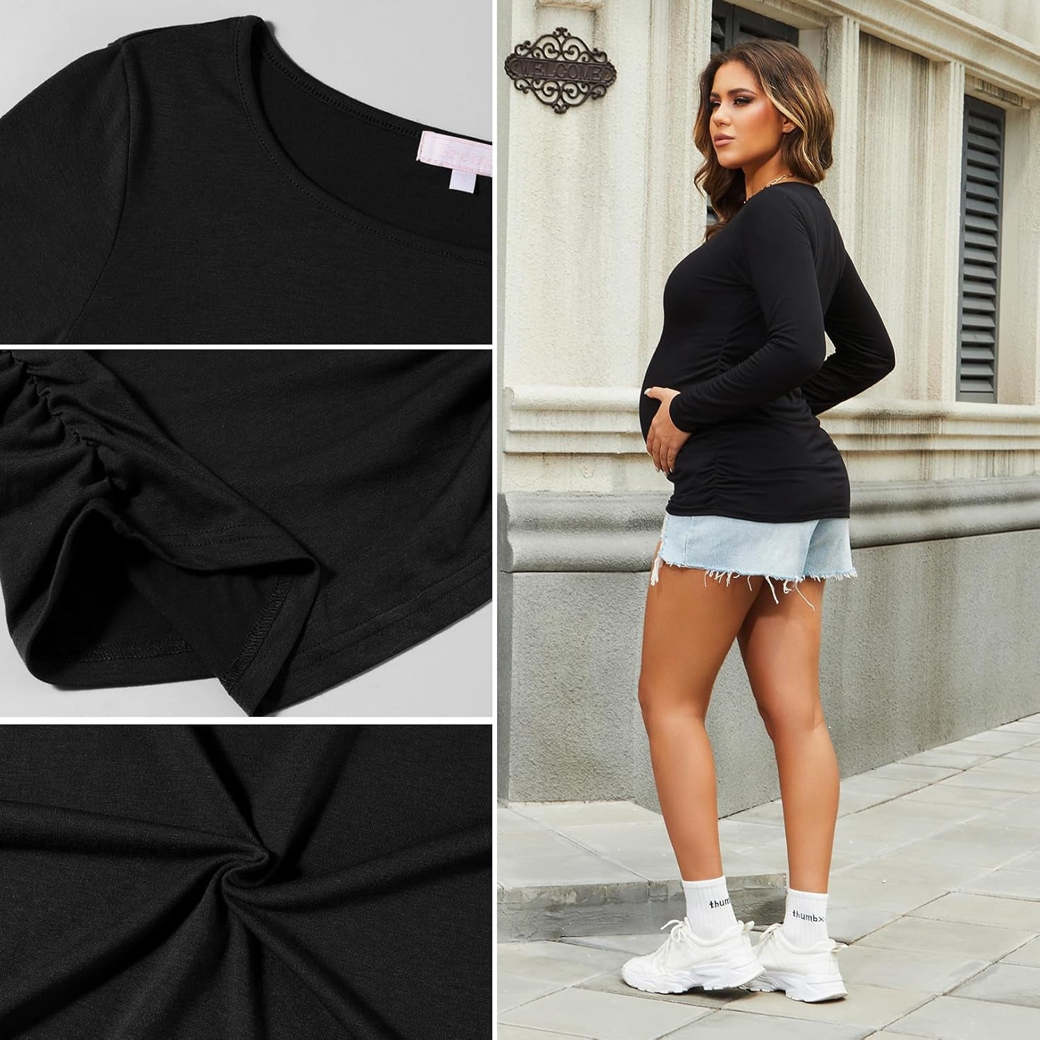 Maternity Shirt Long Sleeve Basic Top Ruch Sides Bodycon Tshirt for Pregnant Women