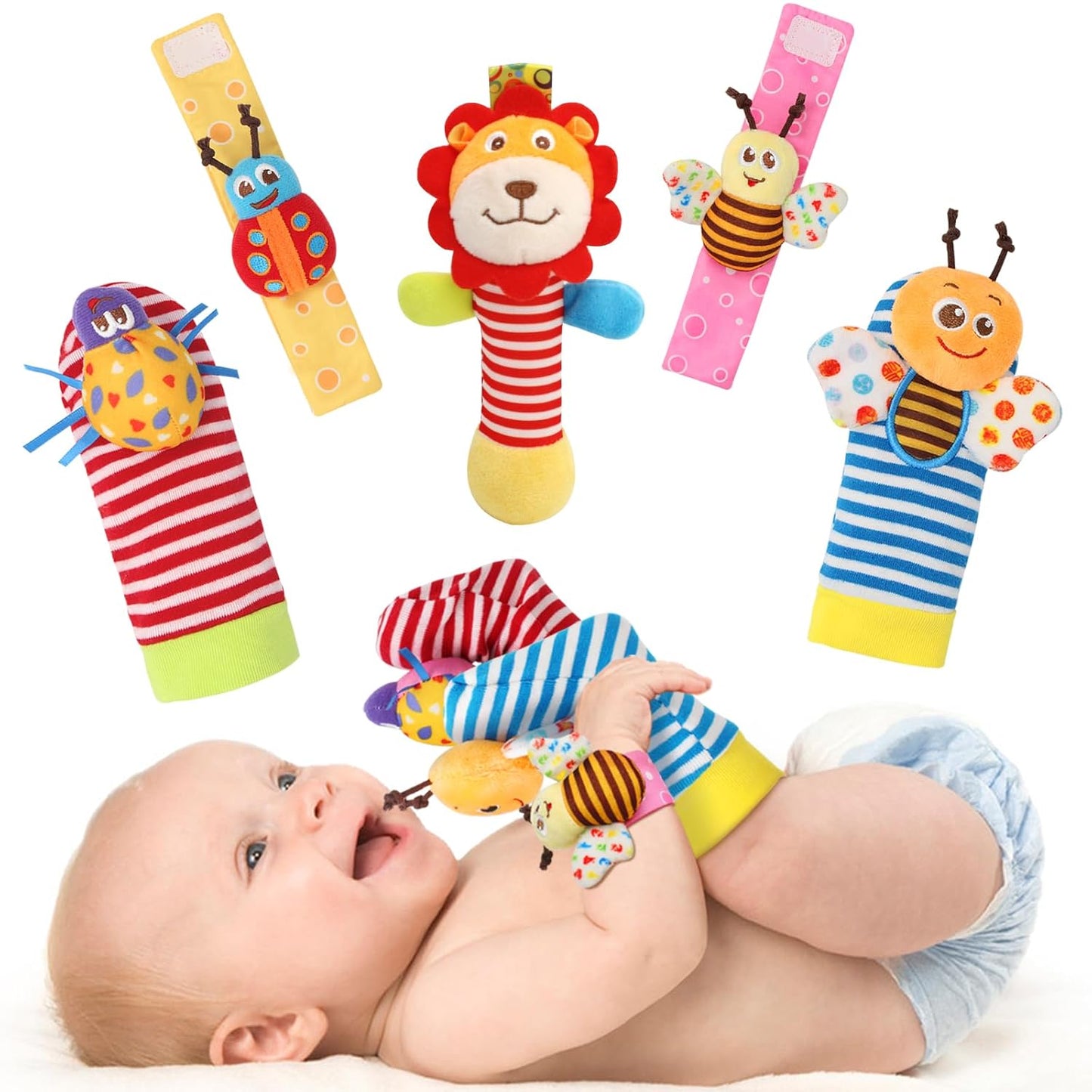 BLOOBLOOMAX Wrist Rattles Foot Finder Rattle Toy for 0-4 Months Baby, Feet Leg Ankle Socks Arm Hand Bracelet Shaker for 4-8 Months Infant Boy & Girl, Gift Set for 0-1 Years Newborn Babies (5 Pcs-B)
