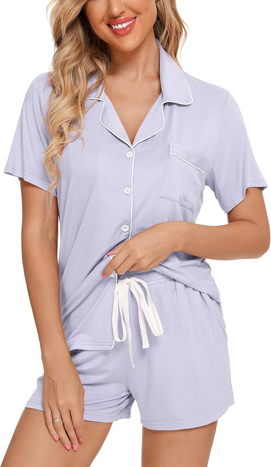 Samring Womens Pajamas Set Short Sleeve Sleepwear Button down Nightwear Shorts Soft Pj Sets S-XXL