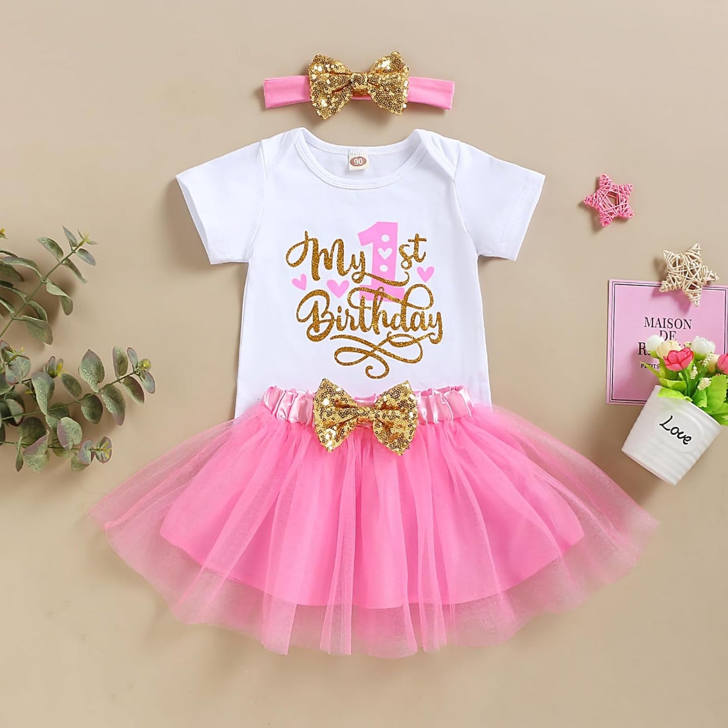 GRNSHTS Baby Girl Birthday Cake Smash Outfit Toddler Girl My 1St Birthday Romper Tutu Skirt with Headband Clothes Set
