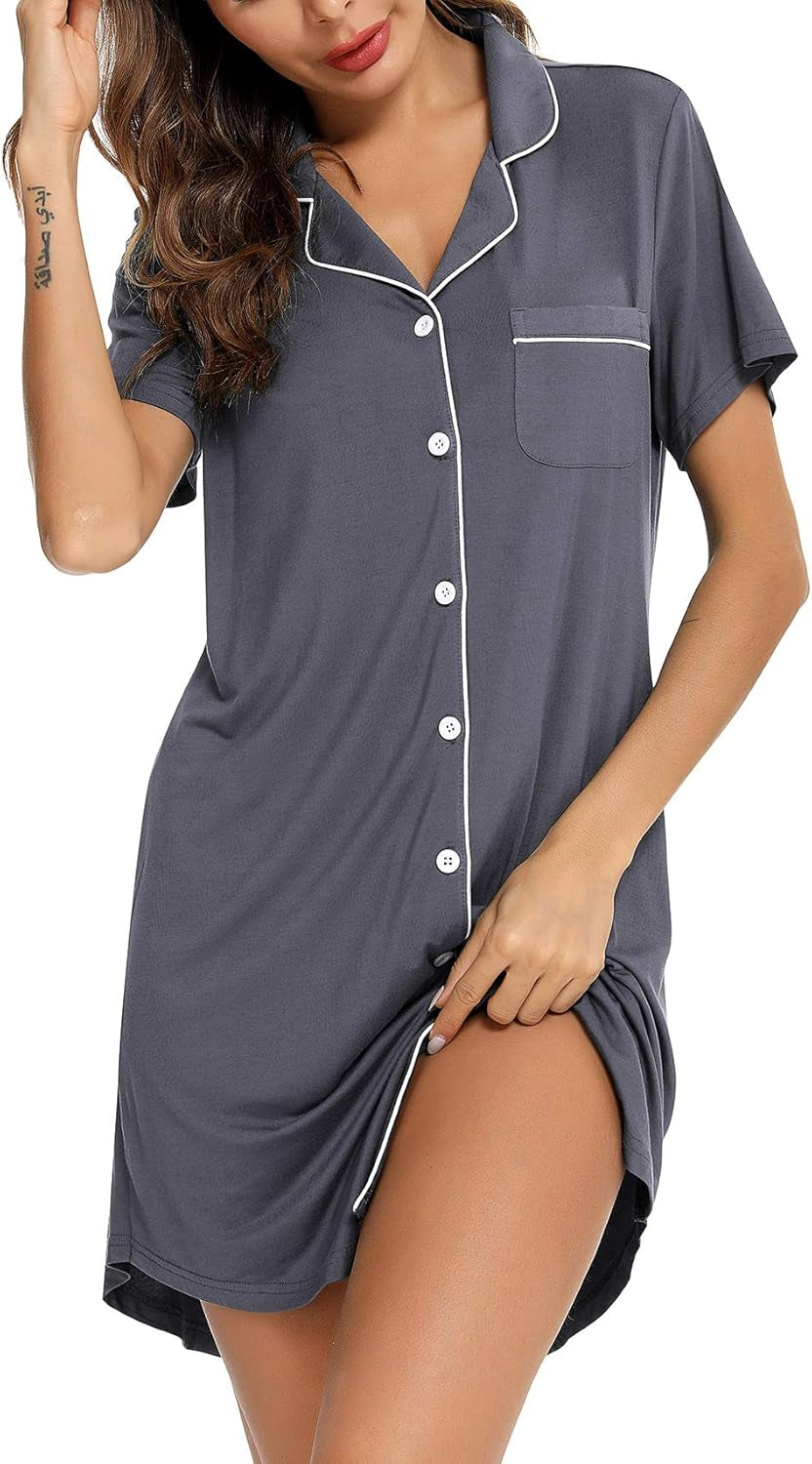 Samring Pajama Nightgown for Women Short/Long Sleeve Button down Nightwear Top Boyfriend Sleep Shirts Nightdress S-XXL
