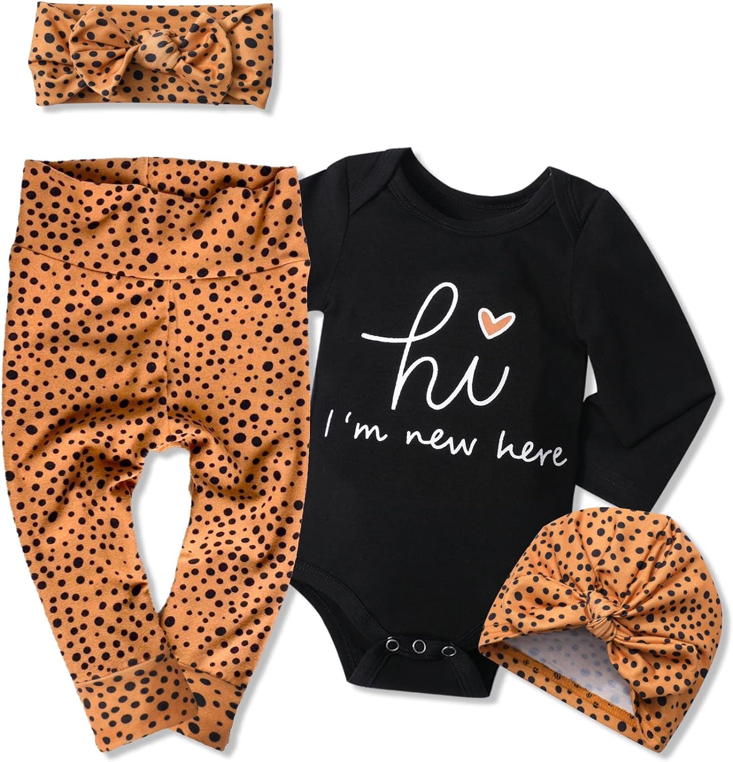KANGKANG Newborn Baby Girl Clothes Hi I'M New Here Newborn Outfit Infant Romper Floral Pants Cute Baby Girl Outfits 4PC Set