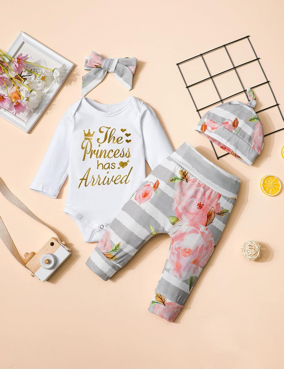 KANGKANG Newborn Baby Girl Clothes Hi I'M New Here Newborn Outfit Infant Romper Floral Pants Cute Baby Girl Outfits 4PC Set