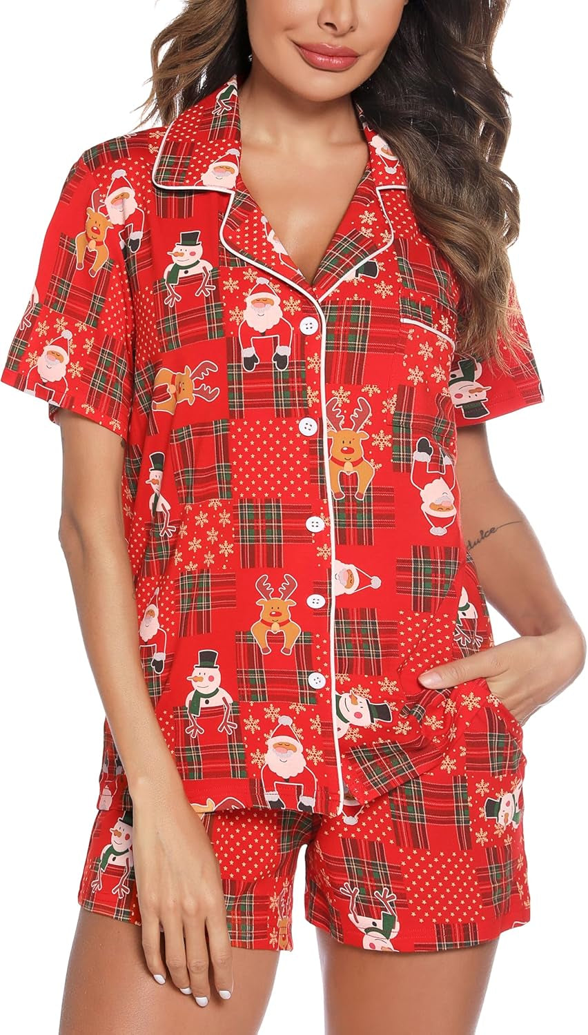 Samring Womens Pajamas Set Short Sleeve Sleepwear Button down Nightwear Shorts Soft Pj Sets S-XXL