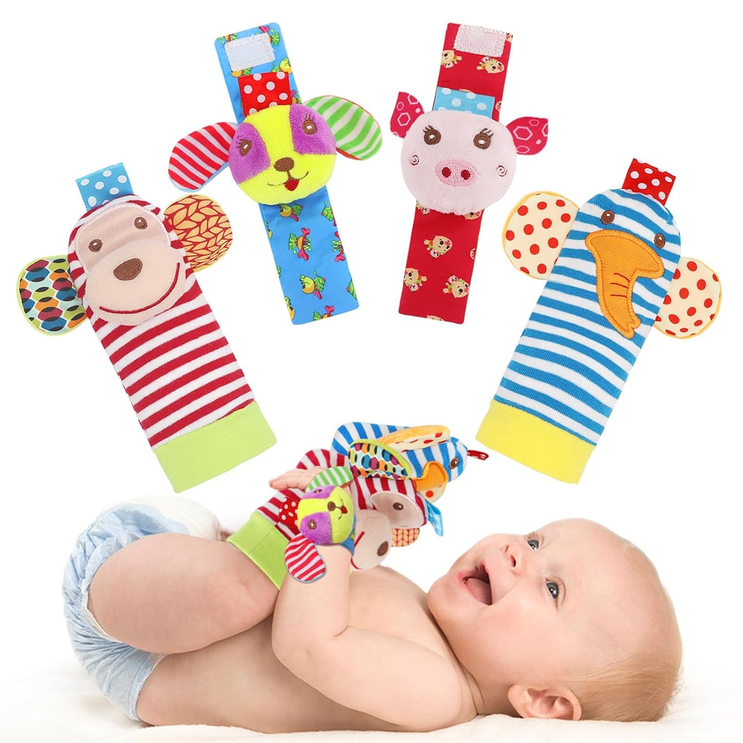 Wrist Rattles Foot Finder Rattle Sock Baby Toy, Rattle Toy, Arm Hand Bracelet Rattle, Feet Leg Ankle Socks, Activity Rattle Present Gift for Newborn Infant Babies Boy Girl Bebe (8 Pcs-A)