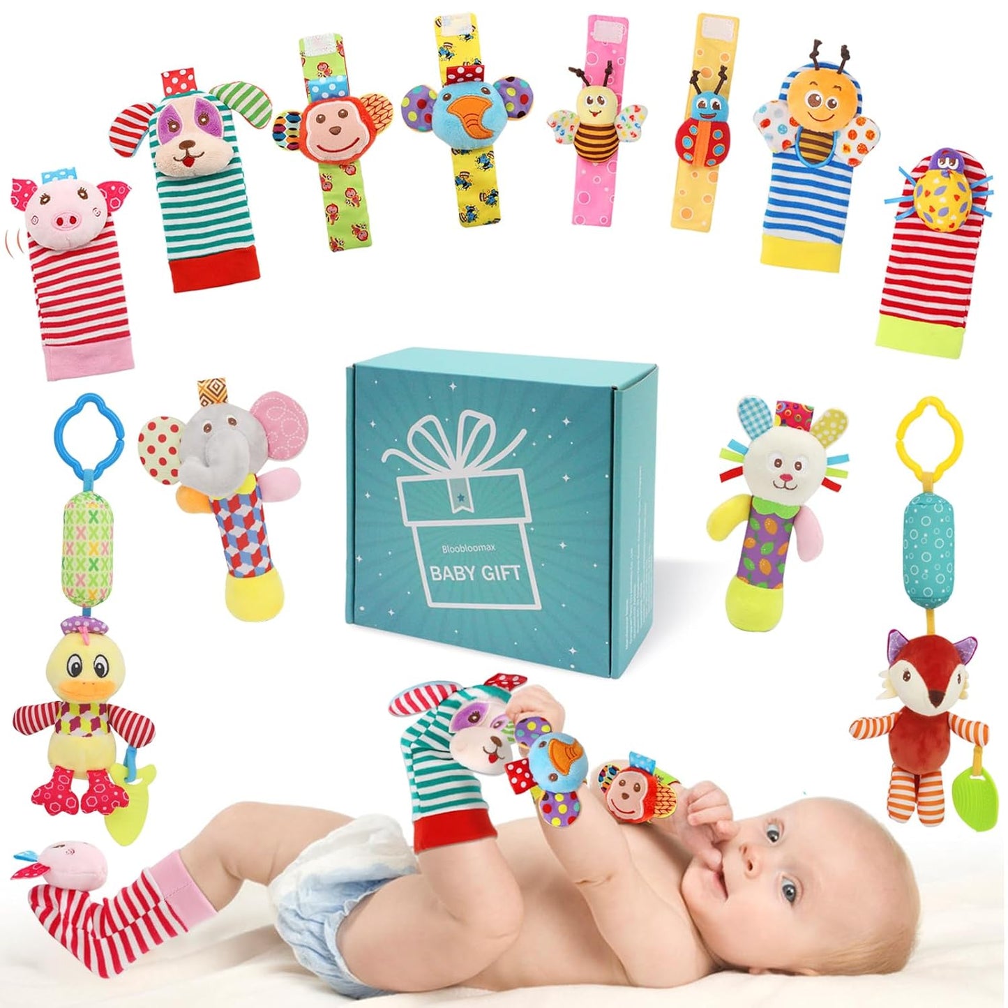 Wrist Rattles Foot Finder Rattle Sock Baby Toy, Rattle Toy, Arm Hand Bracelet Rattle, Feet Leg Ankle Socks, Activity Rattle Present Gift for Newborn Infant Babies Boy Girl Bebe (8 Pcs-A)