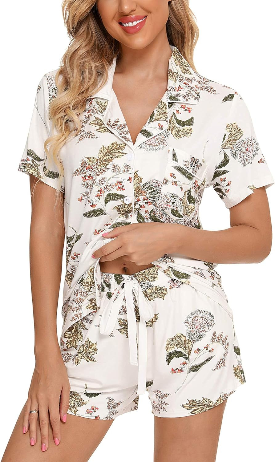 Samring Womens Pajamas Set Short Sleeve Sleepwear Button down Nightwear Shorts Soft Pj Sets S-XXL