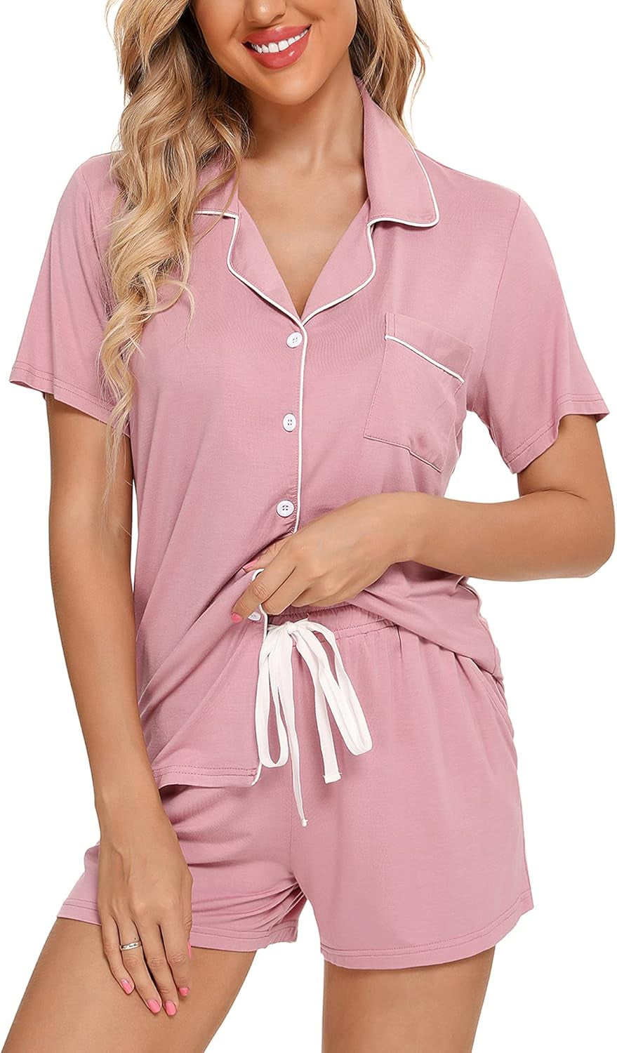 Samring Womens Pajamas Set Short Sleeve Sleepwear Button down Nightwear Shorts Soft Pj Sets S-XXL