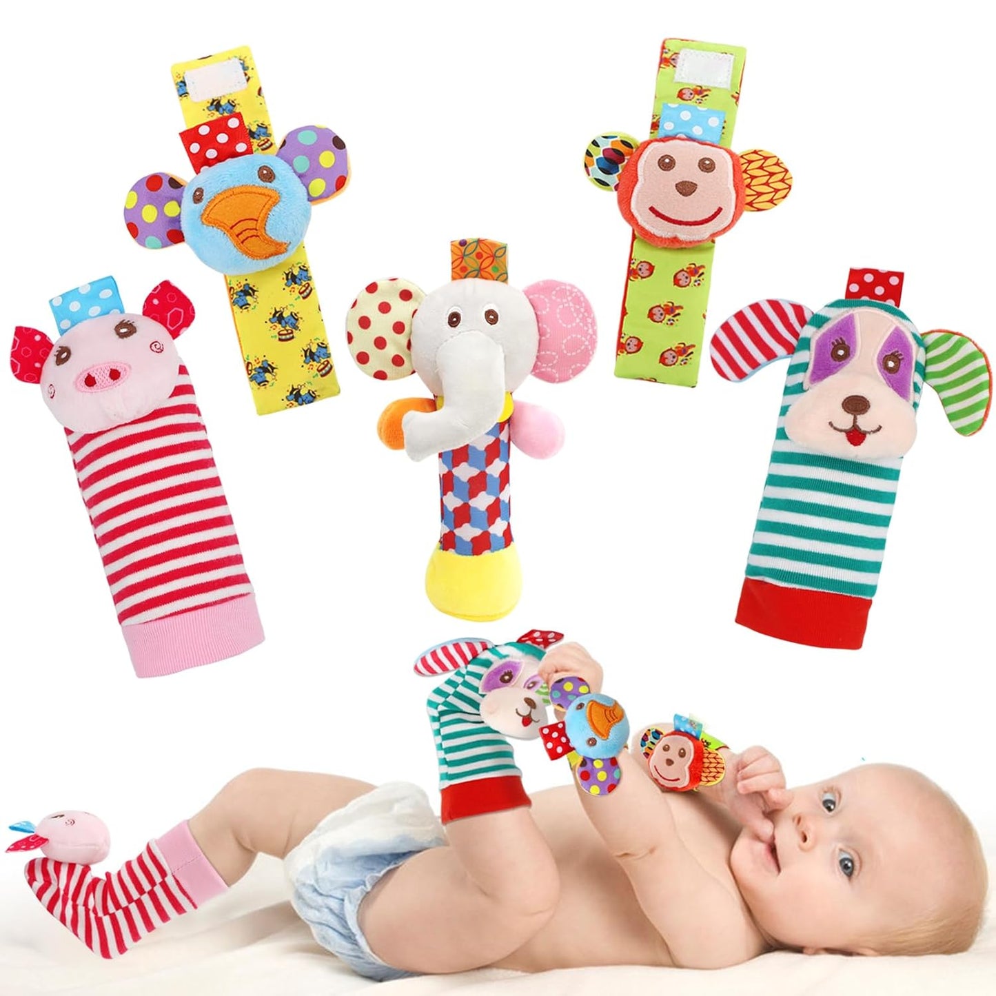 Wrist Rattles Foot Finder Rattle Sock Baby Toy, Rattle Toy, Arm Hand Bracelet Rattle, Feet Leg Ankle Socks, Activity Rattle Present Gift for Newborn Infant Babies Boy Girl Bebe (8 Pcs-A)