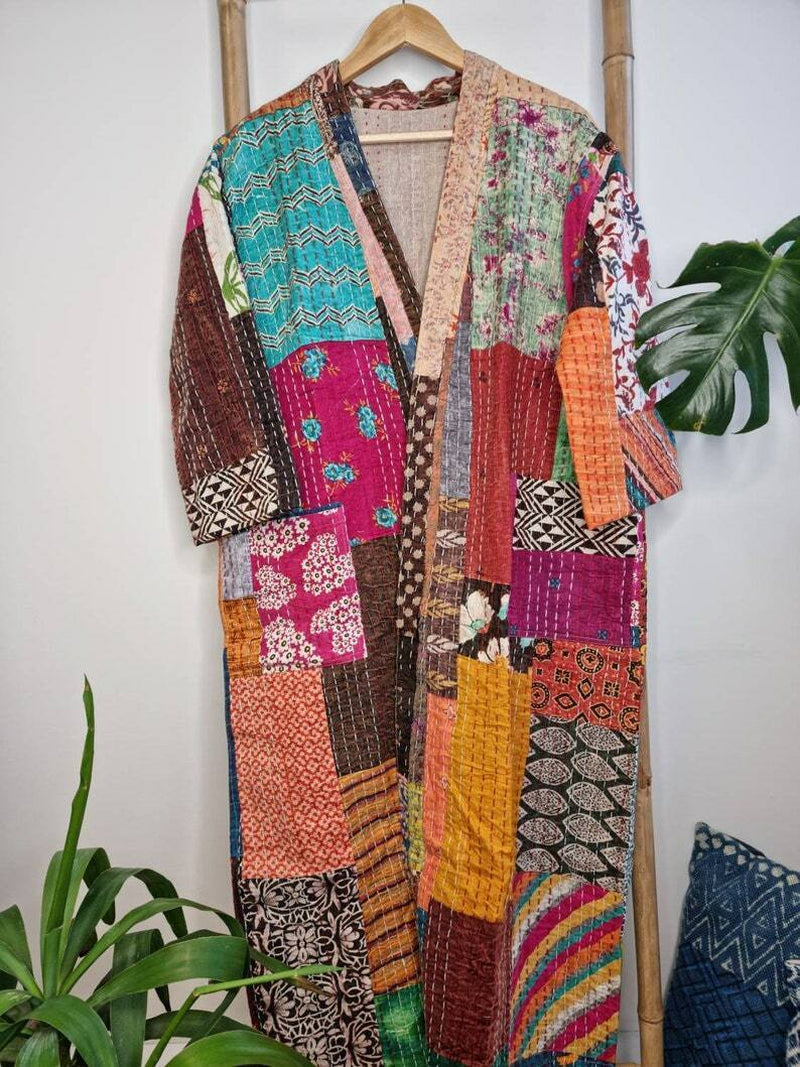 Silk Patchwork Handmade Kantha Jacket Japanese Kimono Style Kantha Robe Winter