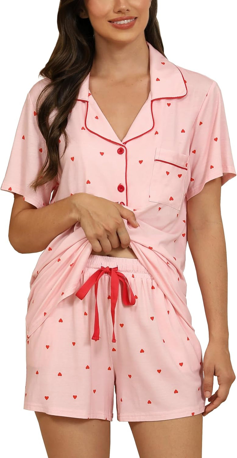 Samring Womens Pajamas Set Short Sleeve Sleepwear Button down Nightwear Shorts Soft Pj Sets S-XXL