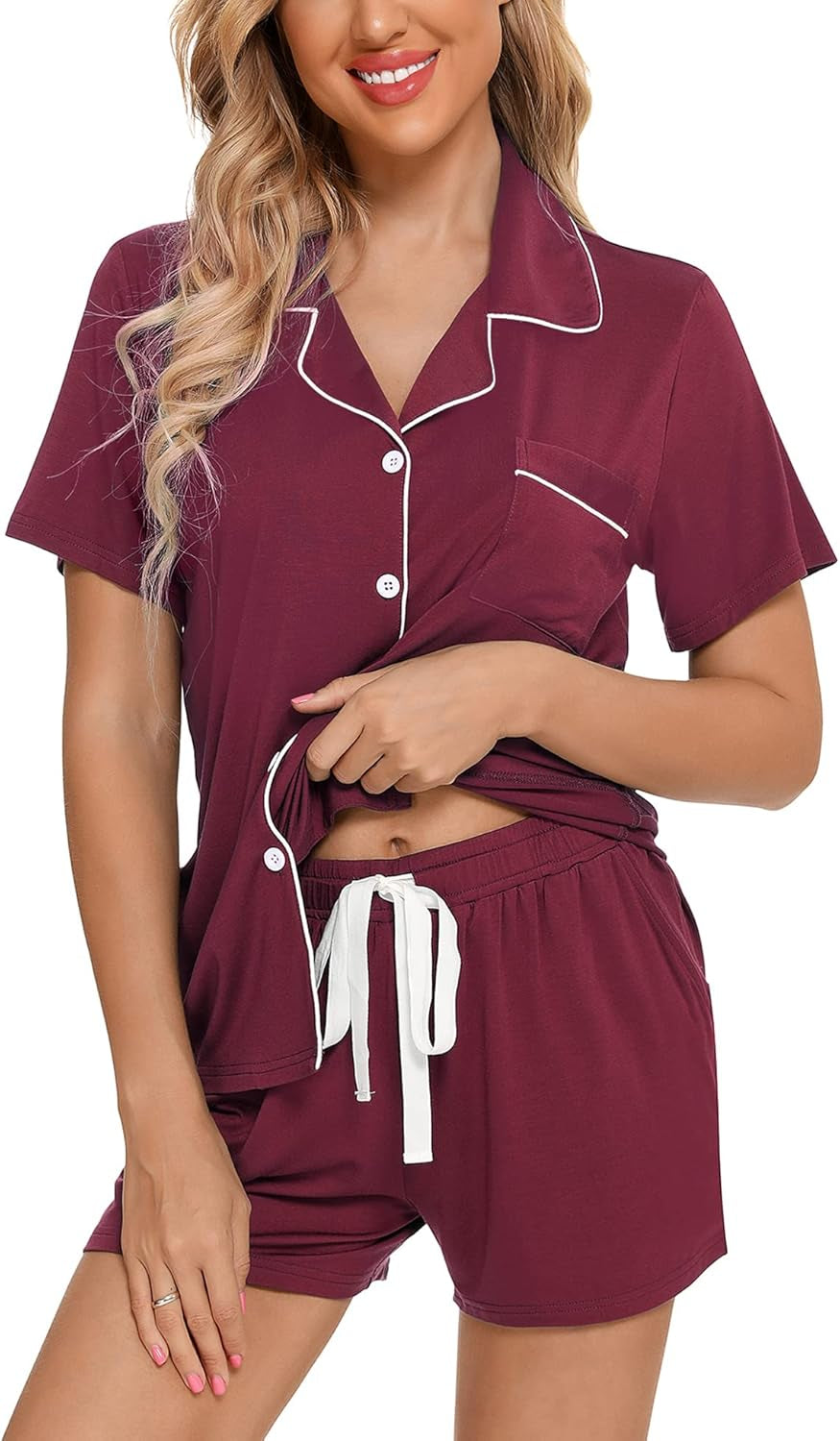 Samring Womens Pajamas Set Short Sleeve Sleepwear Button down Nightwear Shorts Soft Pj Sets S-XXL