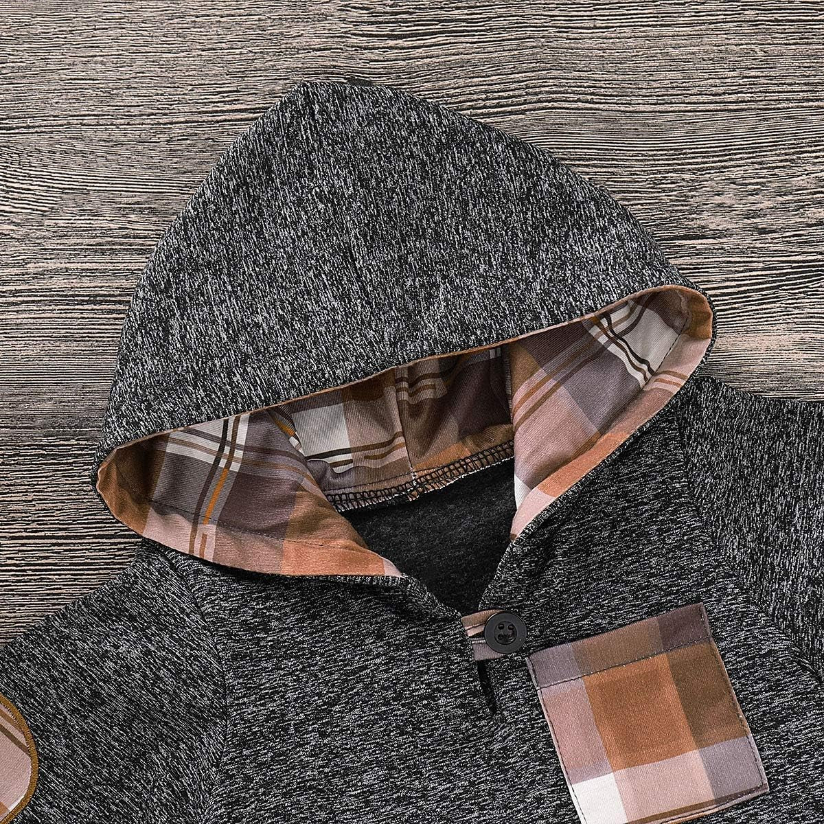 Ritatte Toddler Infant Baby Boys Clothes Plaid Long Sleeve Hoodie Sweatshirt Pants Fall Winter 4Pcs Outfits Set(Khaki Plaid, 12-18 Months)