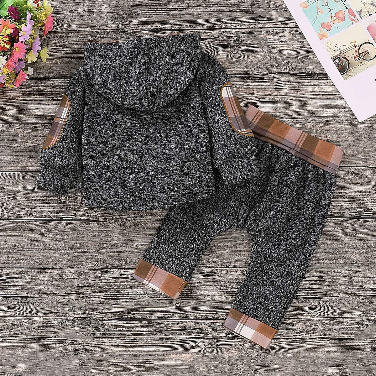 Ritatte Toddler Infant Baby Boys Clothes Plaid Long Sleeve Hoodie Sweatshirt Pants Fall Winter 4Pcs Outfits Set(Khaki Plaid, 12-18 Months)