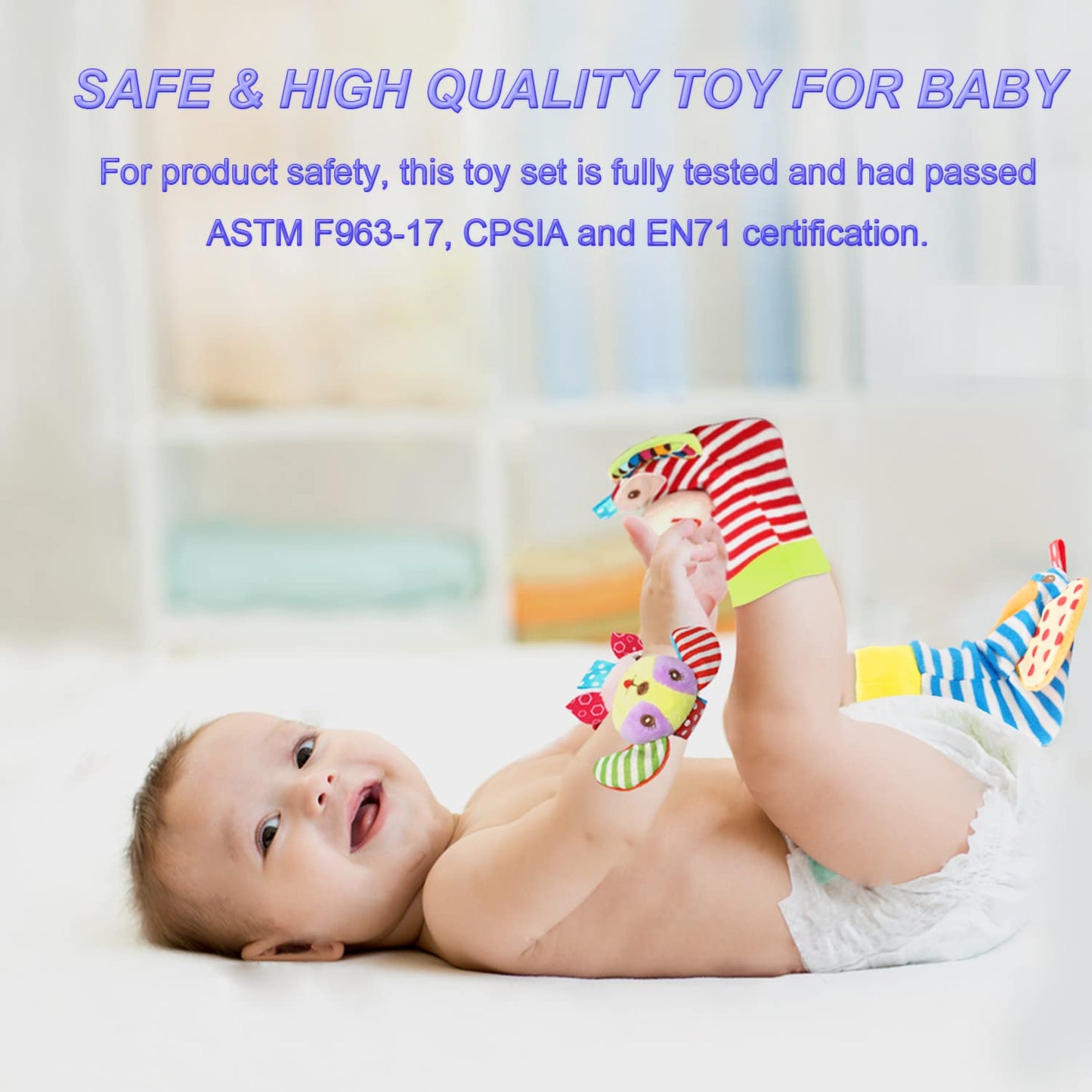 BLOOBLOOMAX Wrist Rattles Foot Finder Rattle Toy for 0-4 Months Baby, Feet Leg Ankle Socks Arm Hand Bracelet Shaker for 4-8 Months Infant Boy & Girl, Gift Set for 0-1 Years Newborn Babies (5 Pcs-B)