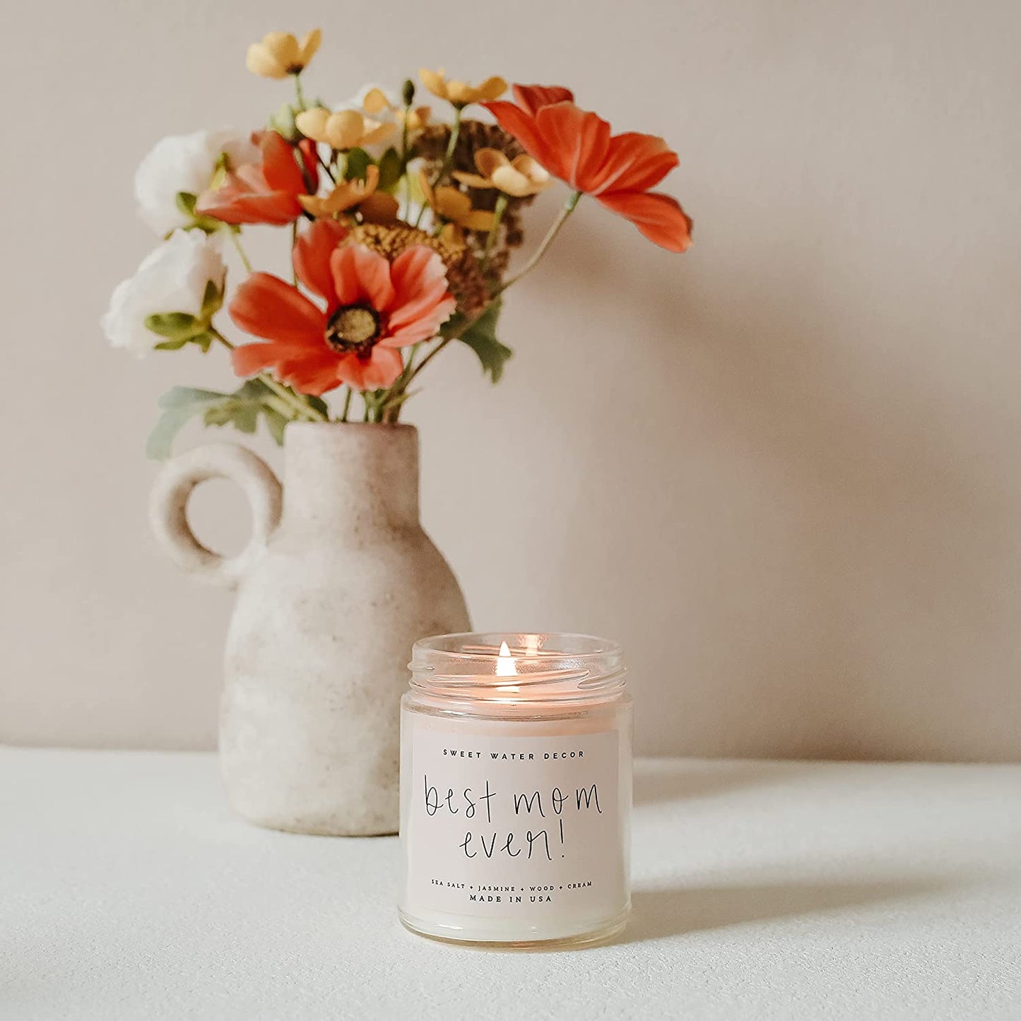 Sweet Water Decor, Best Mom Ever Candle - Sea Salt, Jasmine, Cream, and Wood Scented Soy Wax Candle for Mom - 9Oz Clear Jar, 40 Hour Burn Time, Made in the USA