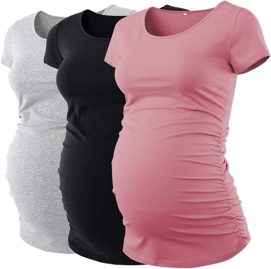 Liu & Qu Womens Maternity Tops Short Sleeve round Neck Pregnancy Shirts 3 Packs