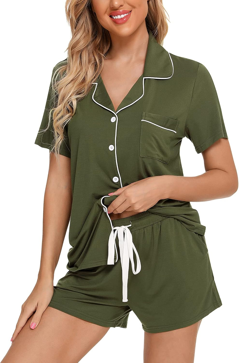Samring Womens Pajamas Set Short Sleeve Sleepwear Button down Nightwear Shorts Soft Pj Sets S-XXL