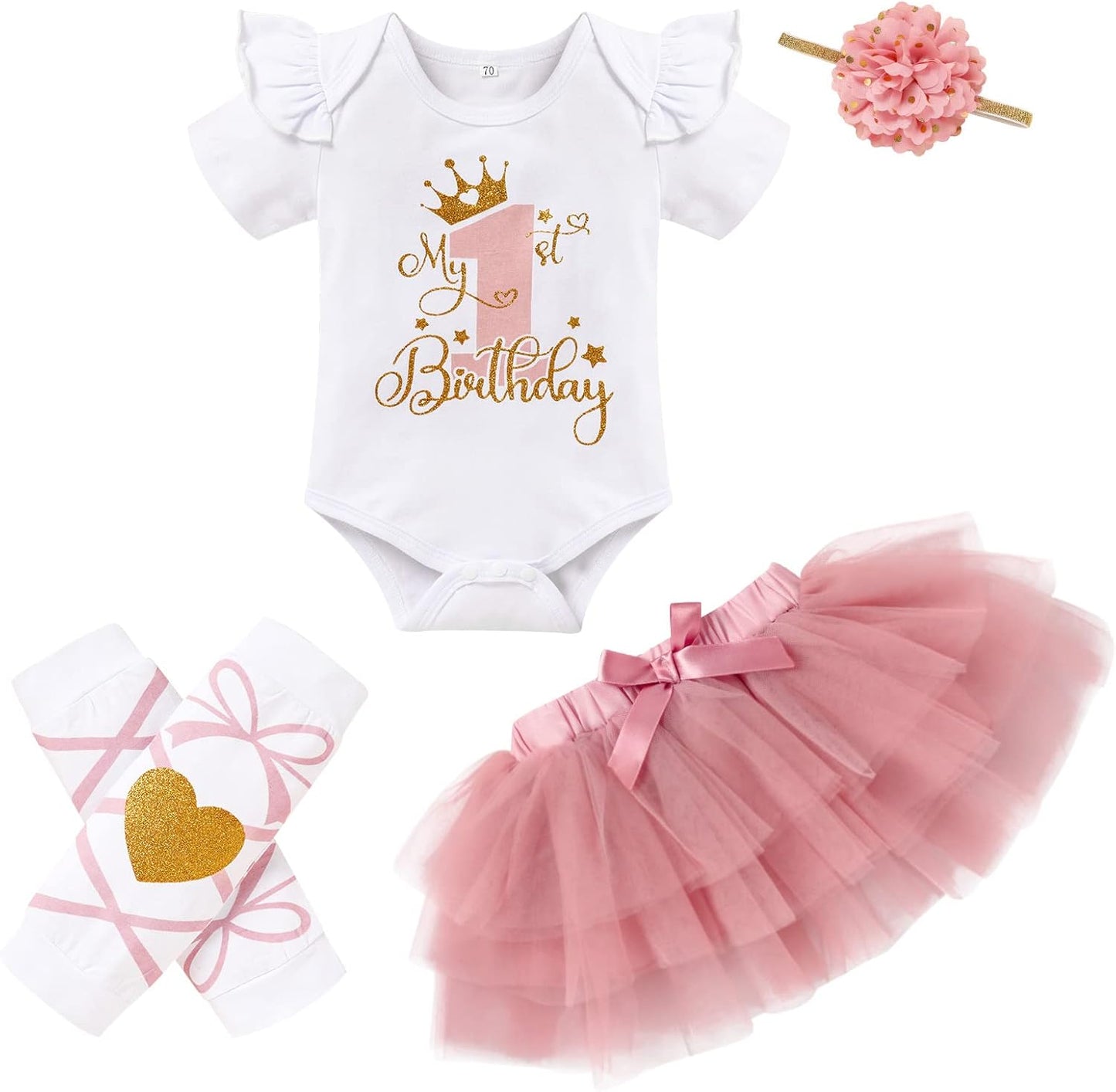 GRNSHTS Baby Girl Birthday Cake Smash Outfit Toddler Girl My 1St Birthday Romper Tutu Skirt with Headband Clothes Set