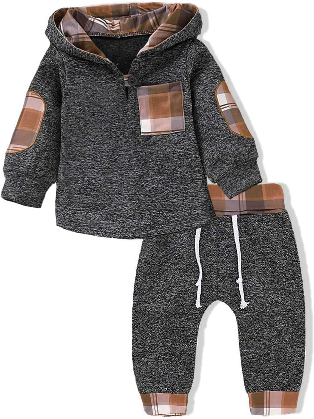 Ritatte Toddler Infant Baby Boys Clothes Plaid Long Sleeve Hoodie Sweatshirt Pants Fall Winter 4Pcs Outfits Set(Khaki Plaid, 12-18 Months)