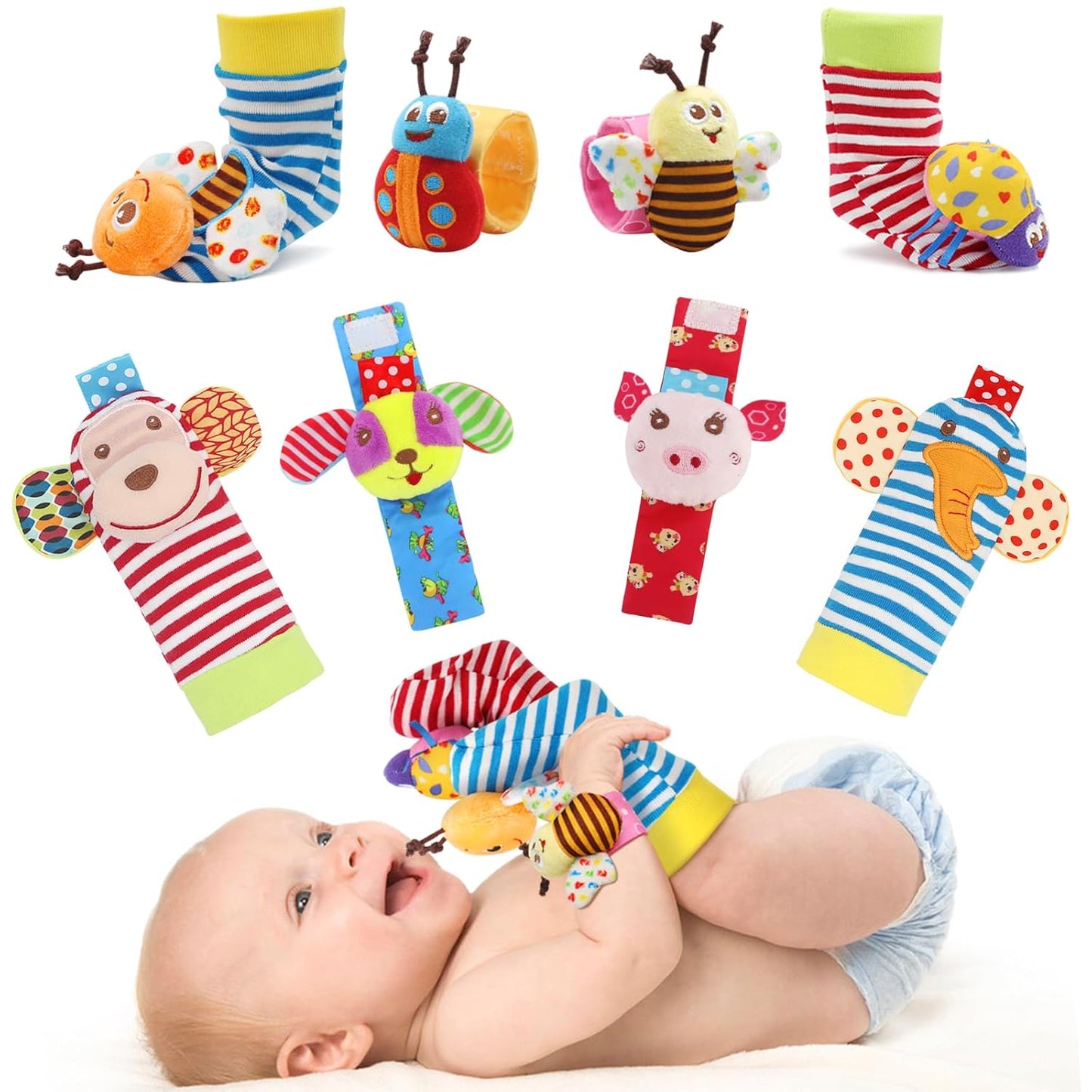 Wrist Rattles Foot Finder Rattle Sock Baby Toy, Rattle Toy, Arm Hand Bracelet Rattle, Feet Leg Ankle Socks, Activity Rattle Present Gift for Newborn Infant Babies Boy Girl Bebe (8 Pcs-A)
