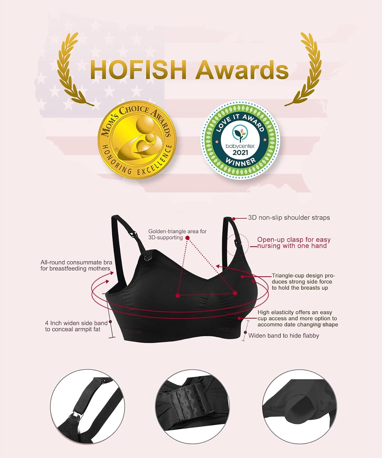 HOFISH Women'S Adjustable Seamless Nursing Bra Push up Comfort Sleep Bralette,L,3Pcs/Pack(Black)