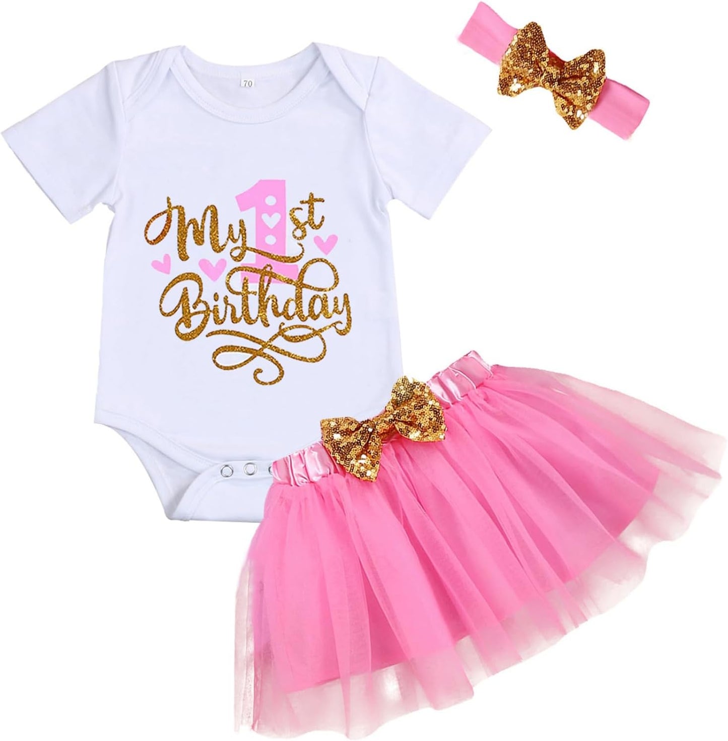 GRNSHTS Baby Girl Birthday Cake Smash Outfit Toddler Girl My 1St Birthday Romper Tutu Skirt with Headband Clothes Set