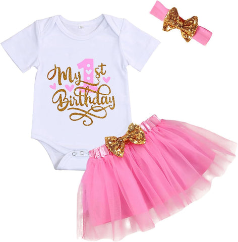GRNSHTS Baby Girl Birthday Cake Smash Outfit Toddler Girl My 1St Birthday Romper Tutu Skirt with Headband Clothes Set