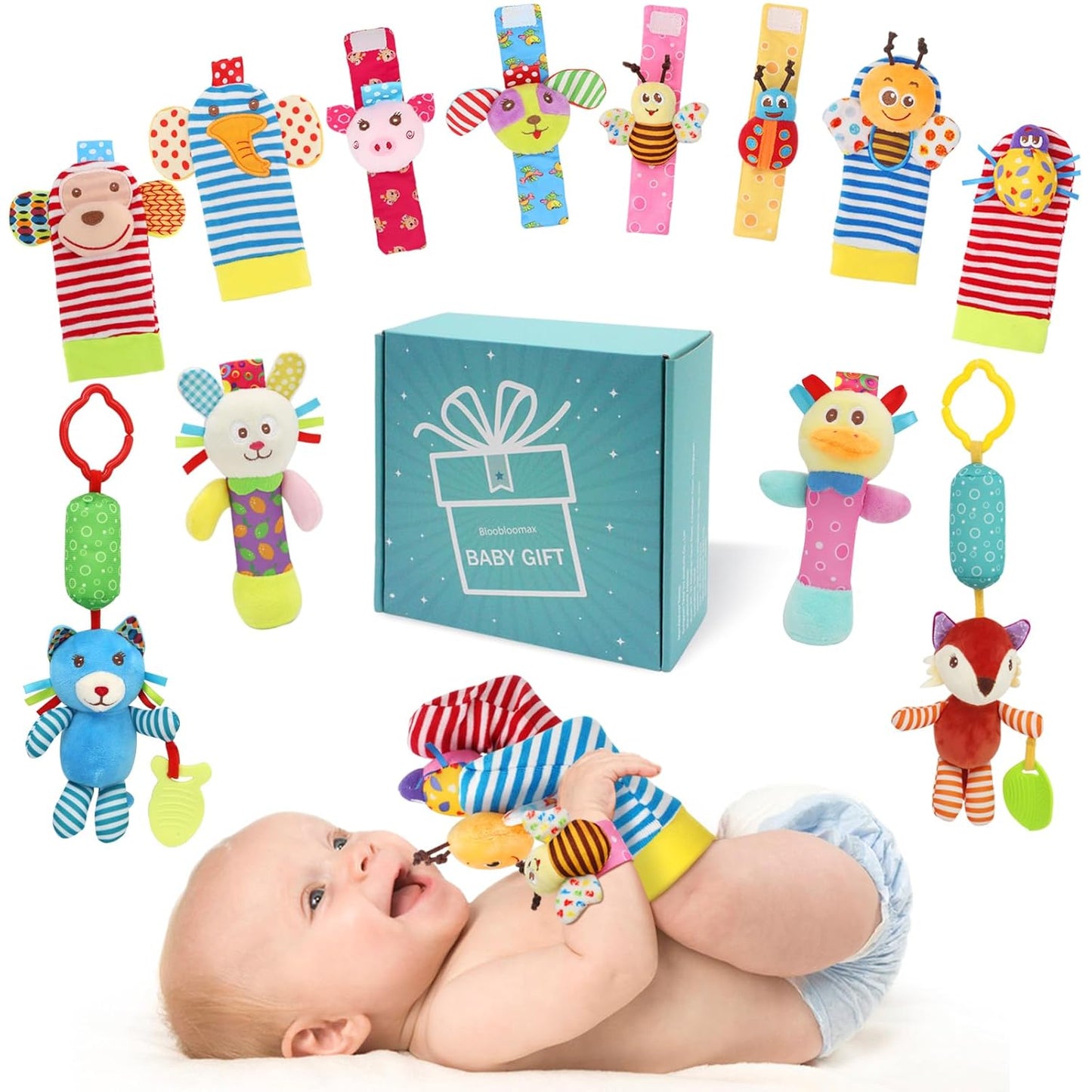 Wrist Rattles Foot Finder Rattle Sock Baby Toy, Rattle Toy, Arm Hand Bracelet Rattle, Feet Leg Ankle Socks, Activity Rattle Present Gift for Newborn Infant Babies Boy Girl Bebe (8 Pcs-A)
