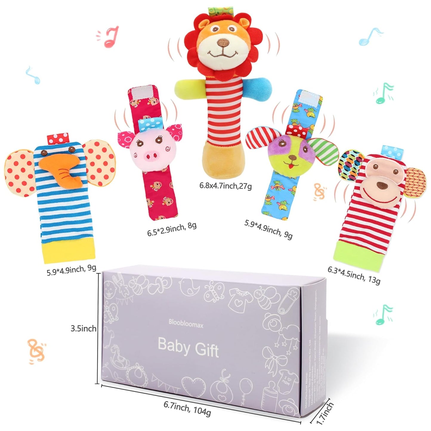BLOOBLOOMAX Wrist Rattles Foot Finder Rattle Toy for 0-4 Months Baby, Feet Leg Ankle Socks Arm Hand Bracelet Shaker for 4-8 Months Infant Boy & Girl, Gift Set for 0-1 Years Newborn Babies (5 Pcs-B)