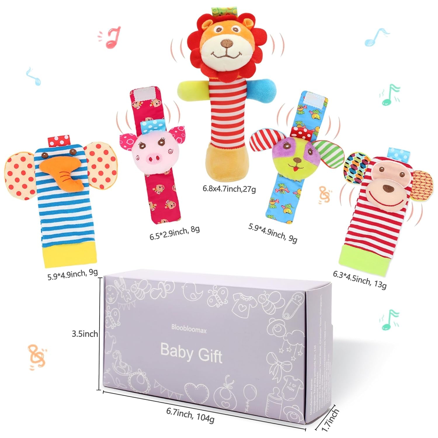 BLOOBLOOMAX Wrist Rattles Foot Finder Rattle Toy for 0-4 Months Baby, Feet Leg Ankle Socks Arm Hand Bracelet Shaker for 4-8 Months Infant Boy & Girl, Gift Set for 0-1 Years Newborn Babies (5 Pcs-B)