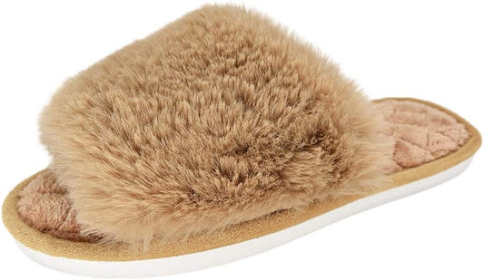 HUMIWA Women'S Fuzzy Fur Flat Slippers Soft Open Toe House Slippers Memory Foam Sandals Slides Home Slippers for Girls Men Indoor Outdoor