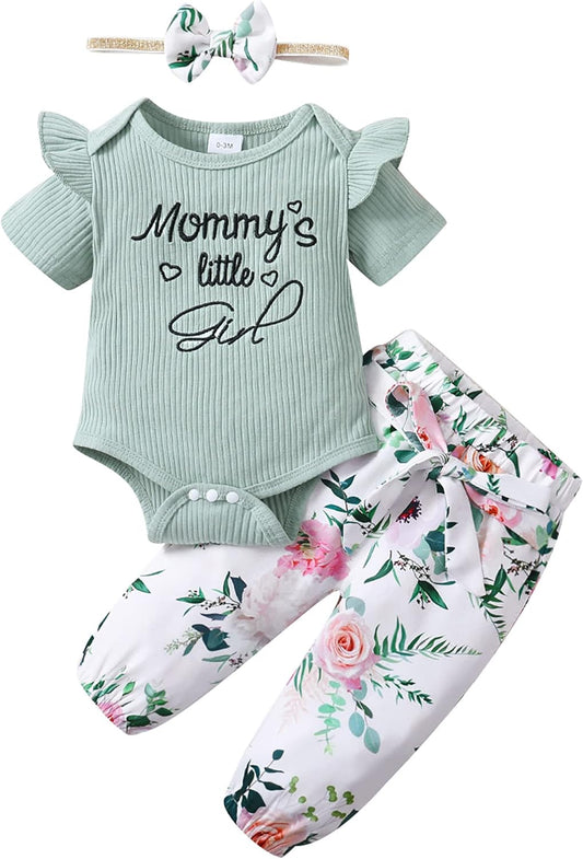 Nilikastta Baby Girl Clothes Newborn Infant Girl Outfits,Short Sleeve Bodysuit Ruffled Floaral Pants Headband Set(Light Green,12-18M)