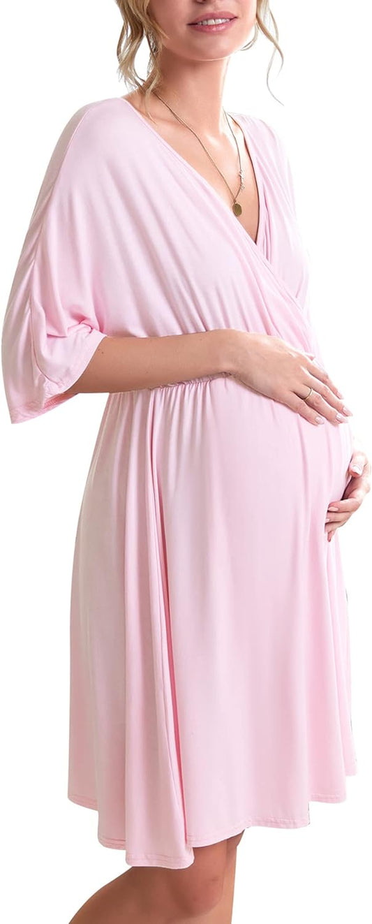 Ekouaer 3 in 1 Labor/Delivery/Hospital Gown Maternity Dress Nursing Nightgown Sleepwear for Breastfeeding, Light Pink, Small
