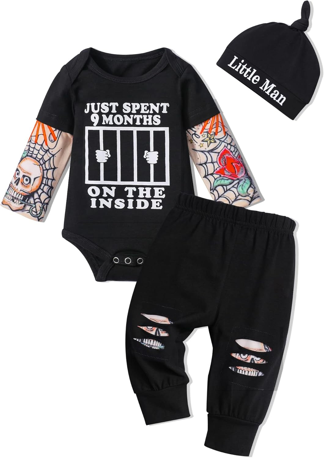 Baby Boy Clothes Tattoo Sleeve Funny Romper Bodysuit+Pants 3PCS Infant Outfits Set