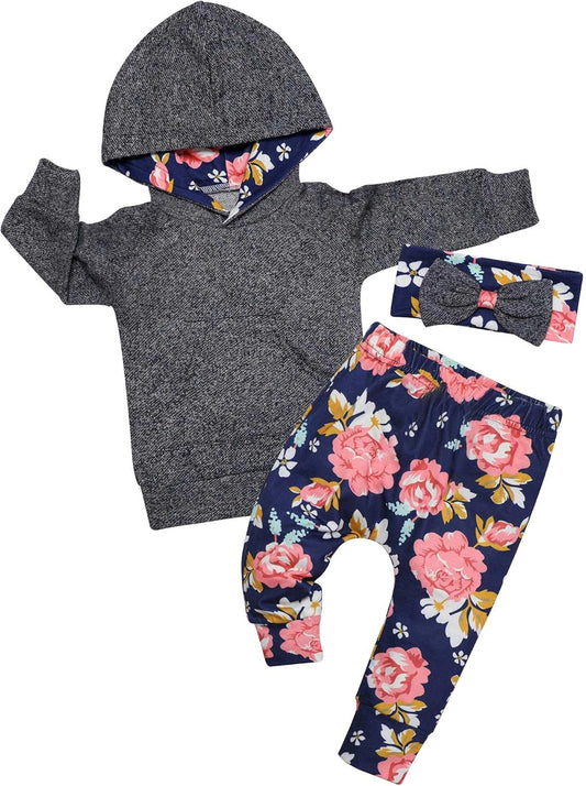 KANGKANG Toddler Baby Girl Clothes Baby Girl Hoodie Infant Baby Girl Outfits + Floral Pants 3PC Set 2-3 T