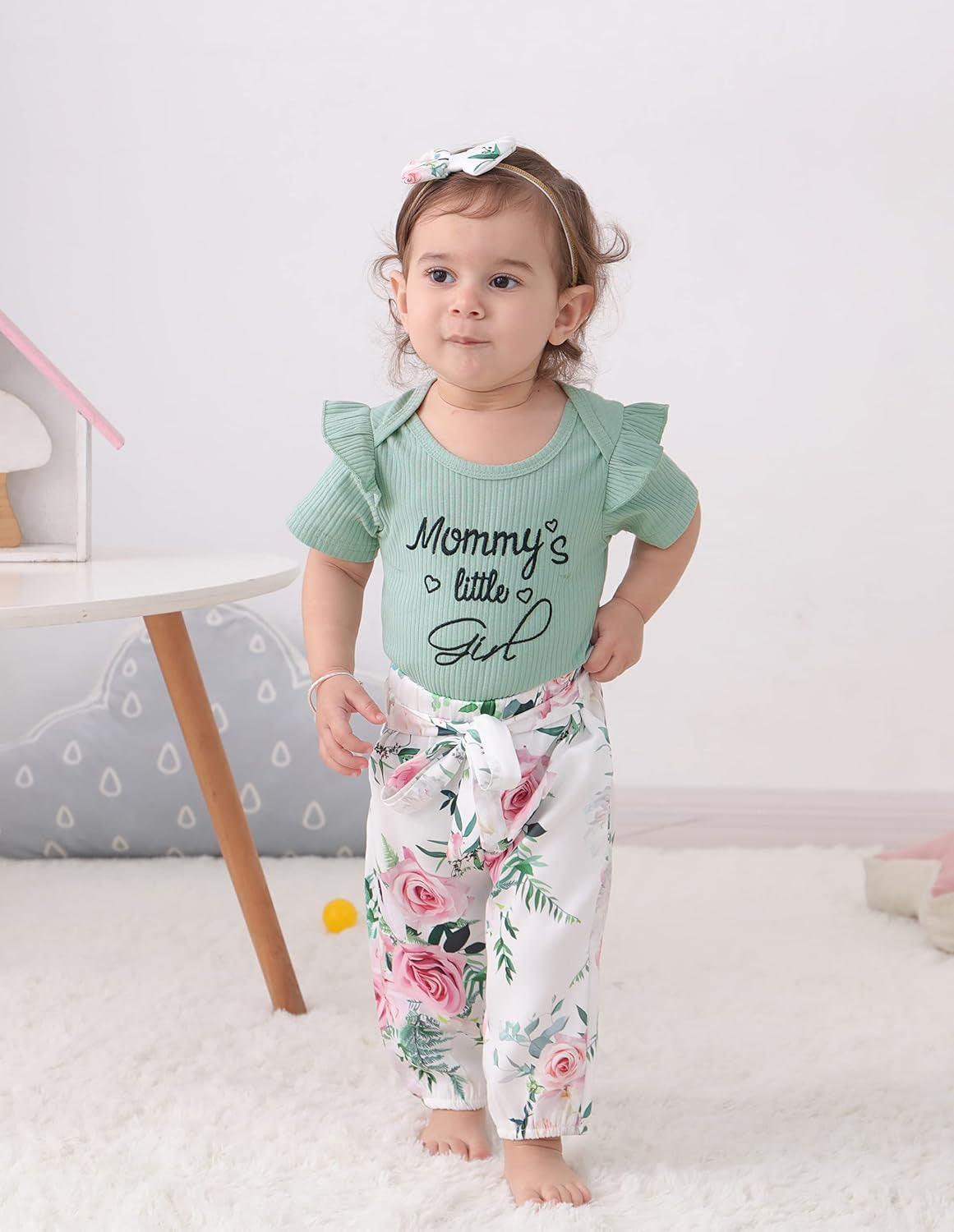 Nilikastta Baby Girl Clothes Newborn Infant Girl Outfits,Short Sleeve Bodysuit Ruffled Floaral Pants Headband Set(Light Green,12-18M)