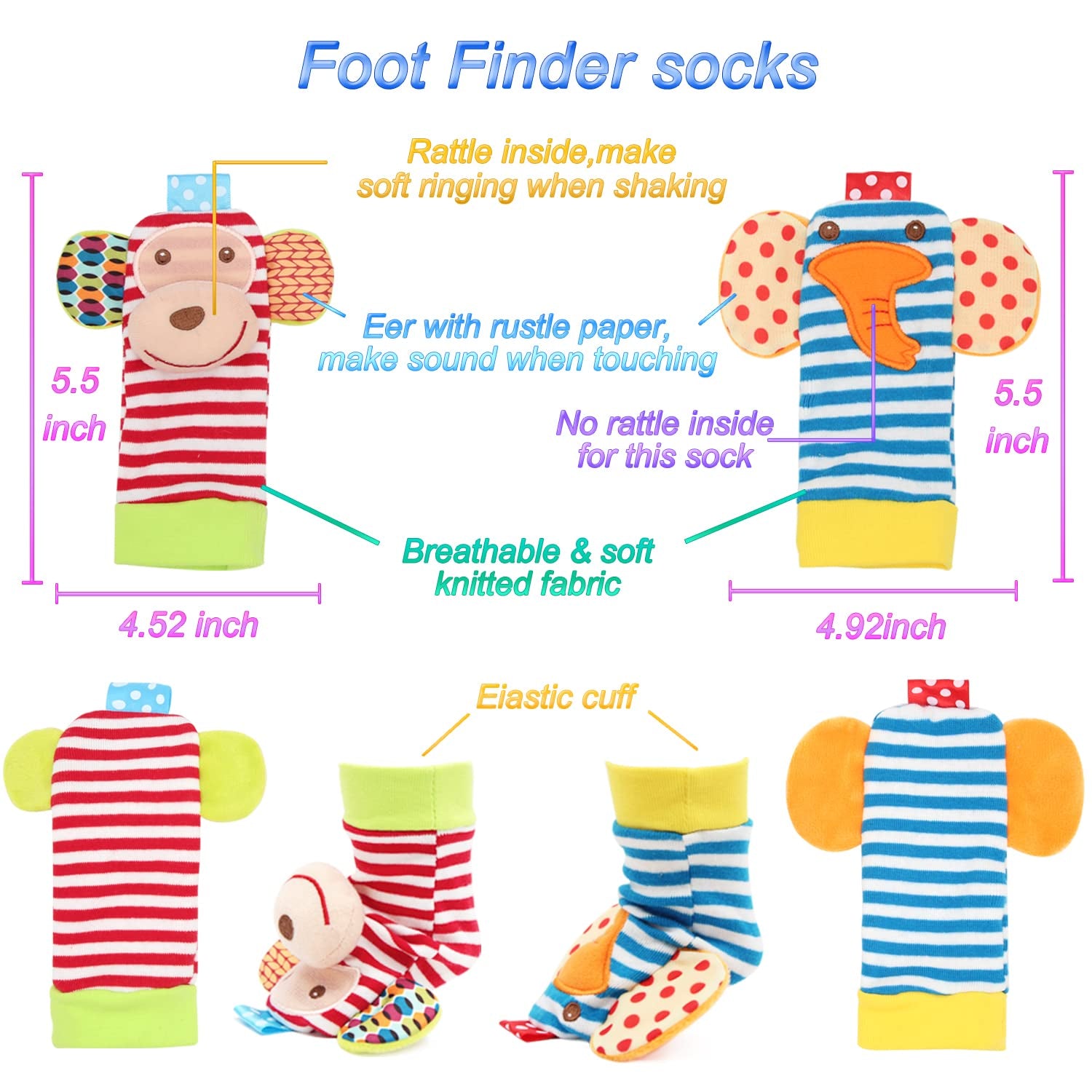 BLOOBLOOMAX Wrist Rattles Foot Finder Rattle Toy for 0-4 Months Baby, Feet Leg Ankle Socks Arm Hand Bracelet Shaker for 4-8 Months Infant Boy & Girl, Gift Set for 0-1 Years Newborn Babies (5 Pcs-B)