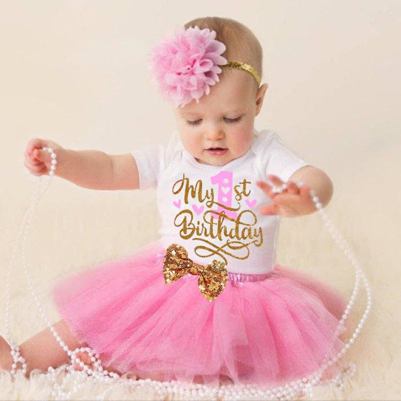 GRNSHTS Baby Girl Birthday Cake Smash Outfit Toddler Girl My 1St Birthday Romper Tutu Skirt with Headband Clothes Set