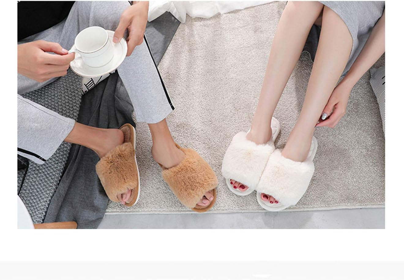 HUMIWA Women'S Fuzzy Fur Flat Slippers Soft Open Toe House Slippers Memory Foam Sandals Slides Home Slippers for Girls Men Indoor Outdoor