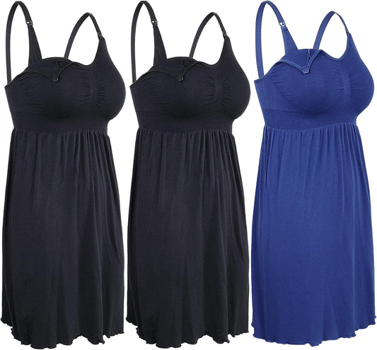 Ilovesia Nursing Gowns with Built-In Nursing Bra-3-Pack Breastfeeding Night Gown-Comfort Soft for Labor Postpartum Hospital