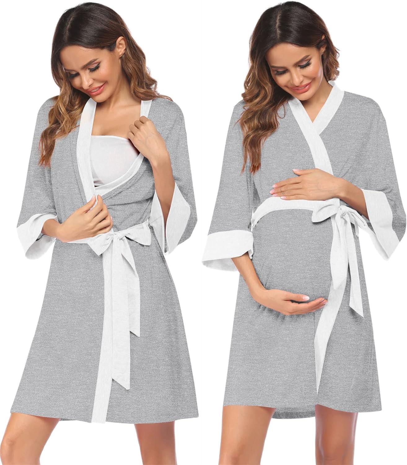 Ekouaer Maternity Nursing Robe Delivery Nightgowns Hospital Breastfeeding Gown A-Grey