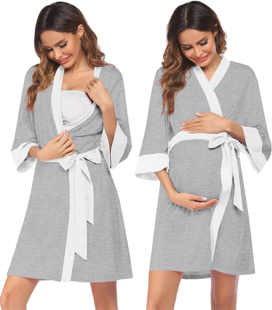Ekouaer Maternity Nursing Robe Delivery Nightgowns Hospital Breastfeeding Gown A-Grey