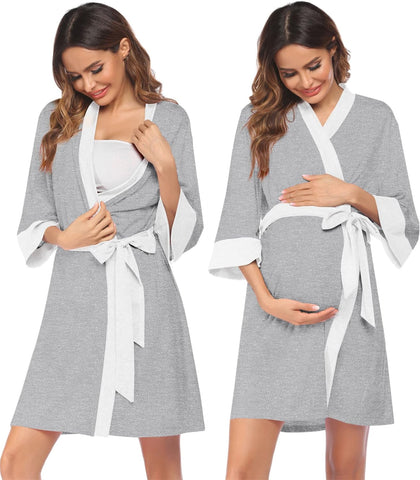 Ekouaer Maternity Nursing Robe Delivery Nightgowns Hospital Breastfeeding Gown A-Grey