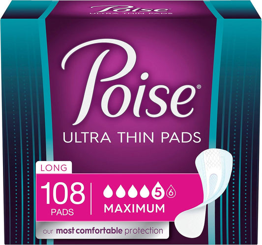 Poise Ultra Thin Incontinence Pads for Women, Maximum Absorbency, Long Length, 108 Count (3 Packs of 36) (Packaging May Vary)