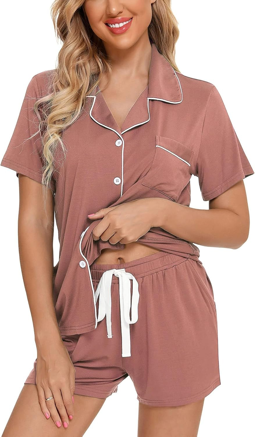 Samring Womens Pajamas Set Short Sleeve Sleepwear Button down Nightwear Shorts Soft Pj Sets S-XXL